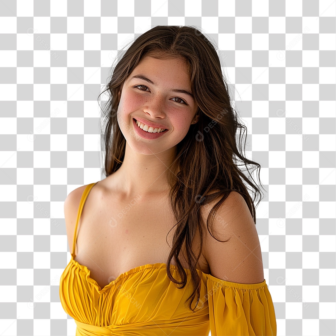 Mulher Sorrindo Roupa Amarela PNG Transparente