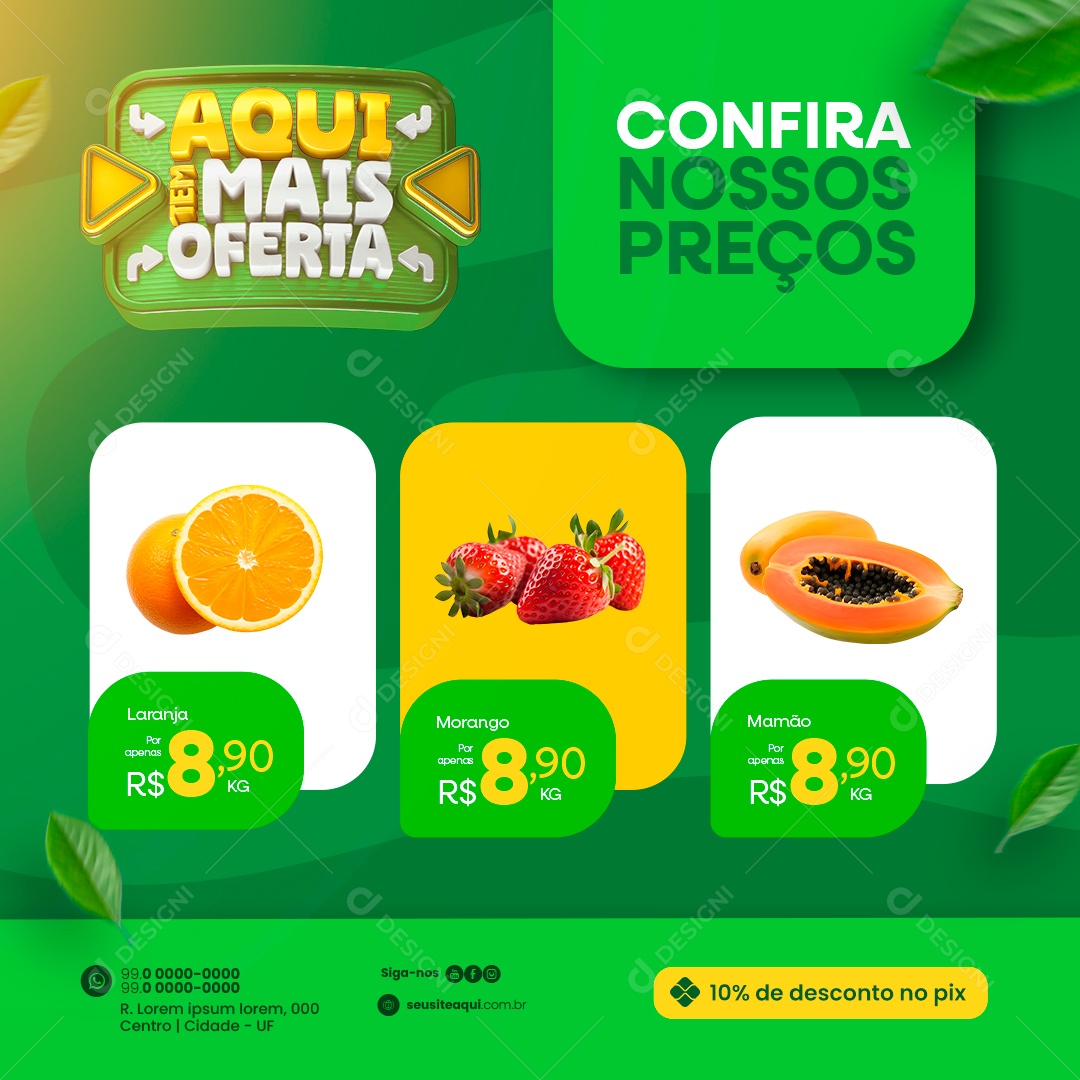 Hortifruti Aqui tem mais oferta Laranja Morango Mamão Confira nossos preços Social Media PSD Editável