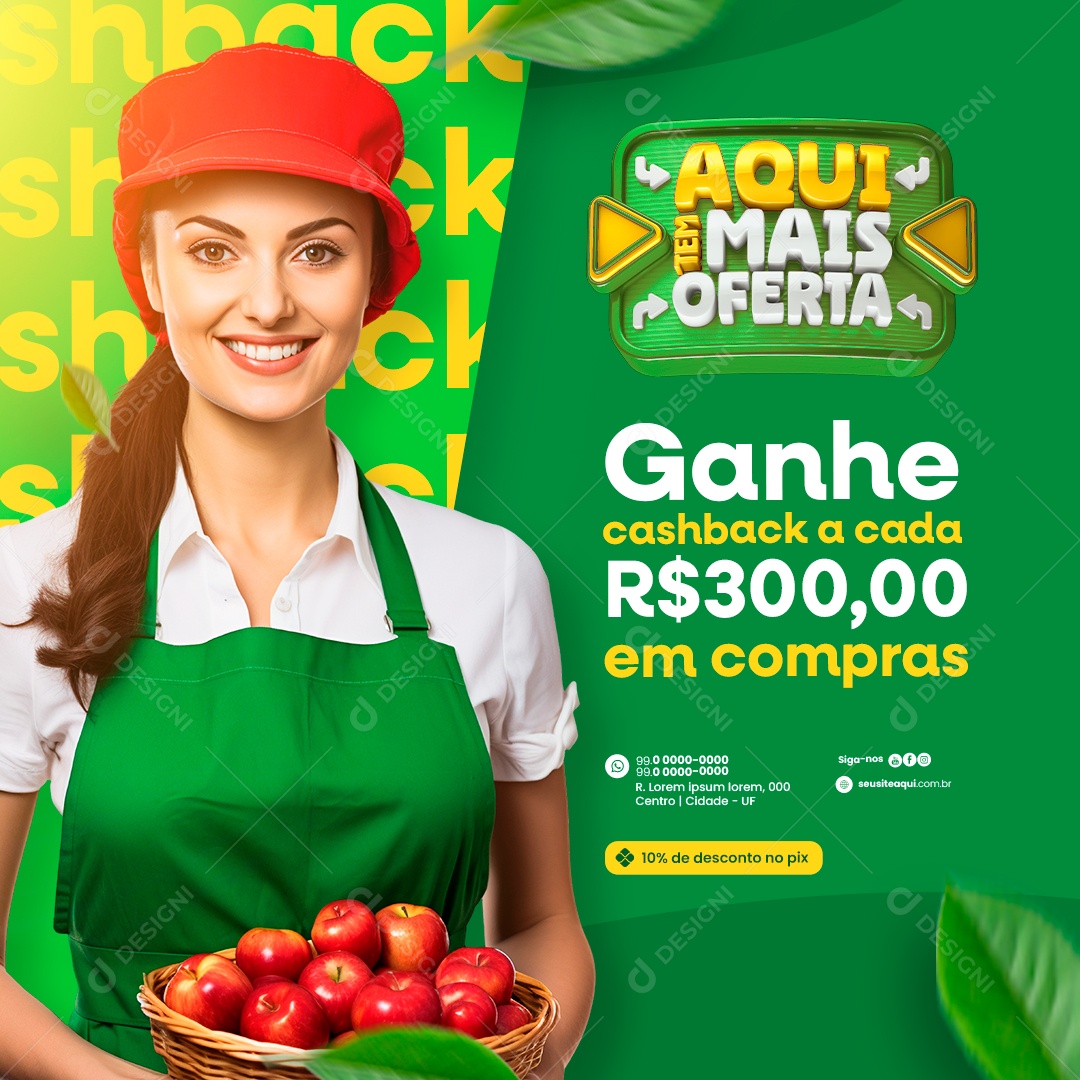 Hortifruti Aqui tem mais oferta Ganhe cashback em compras Social Media PSD Editável