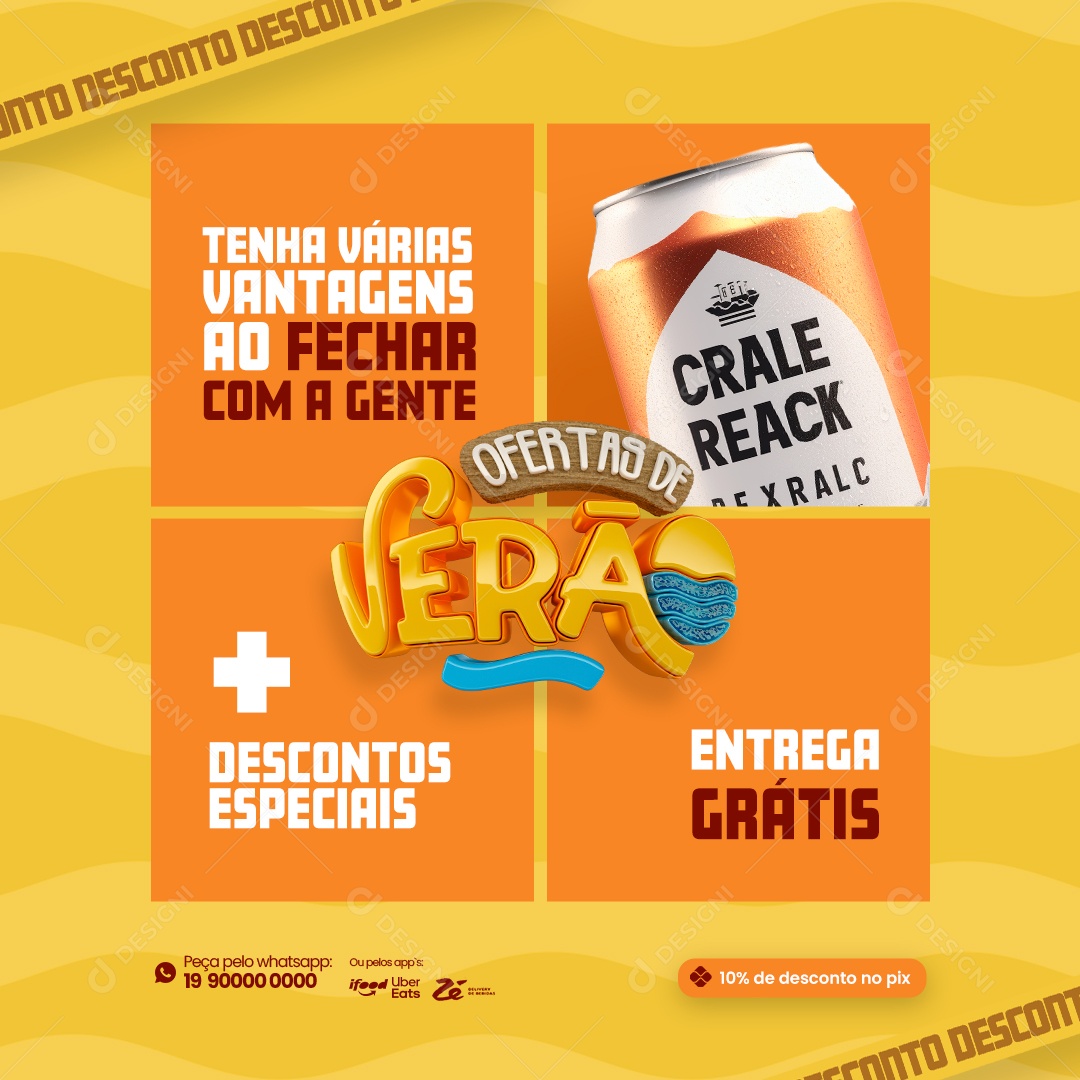 Ofertas de Verão Cerveja Entrega Grátis Social Media PSD Editável