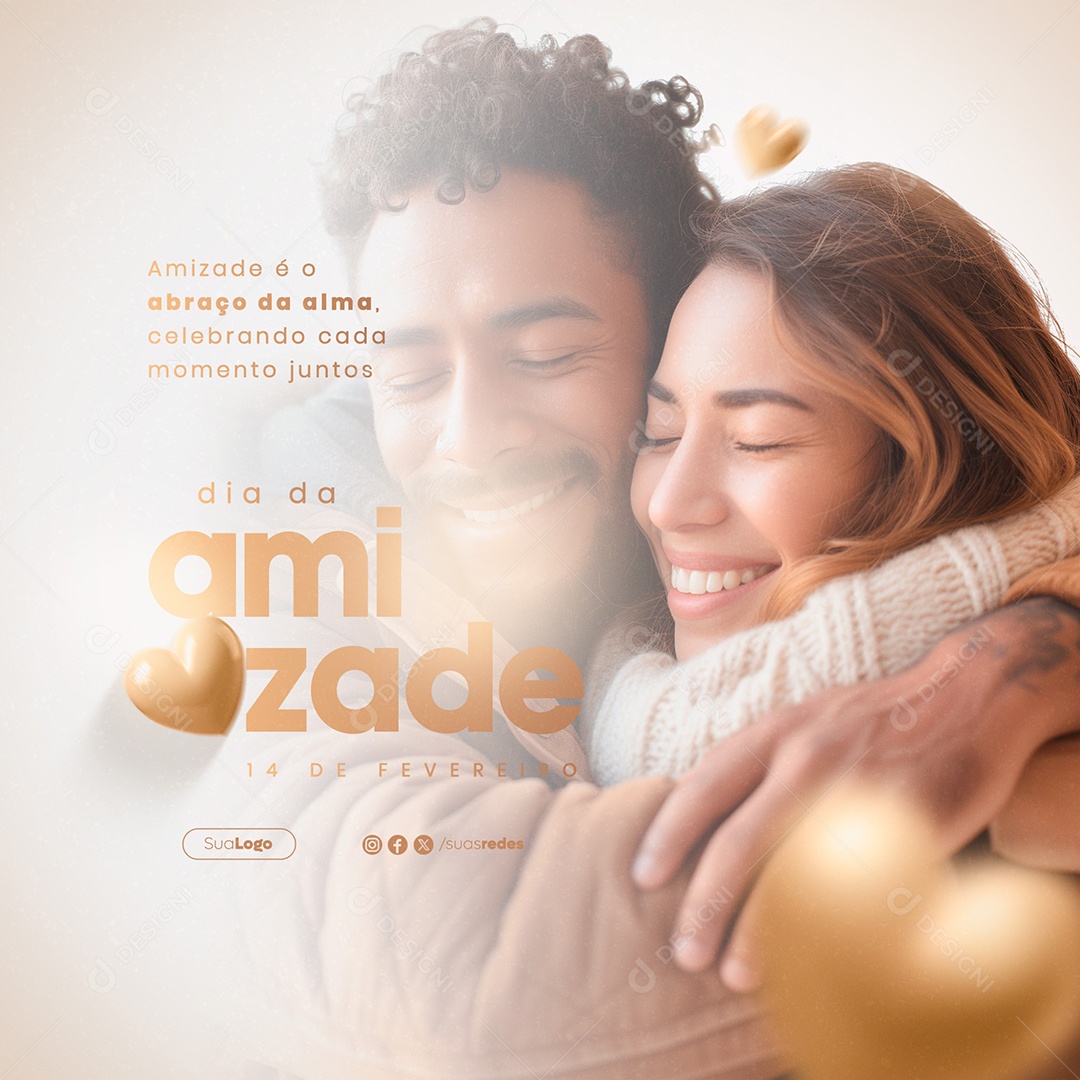 Dia da Amizade 14 de Fevereiro Celebrando cada Momento Juntos Social Media PSD Editável