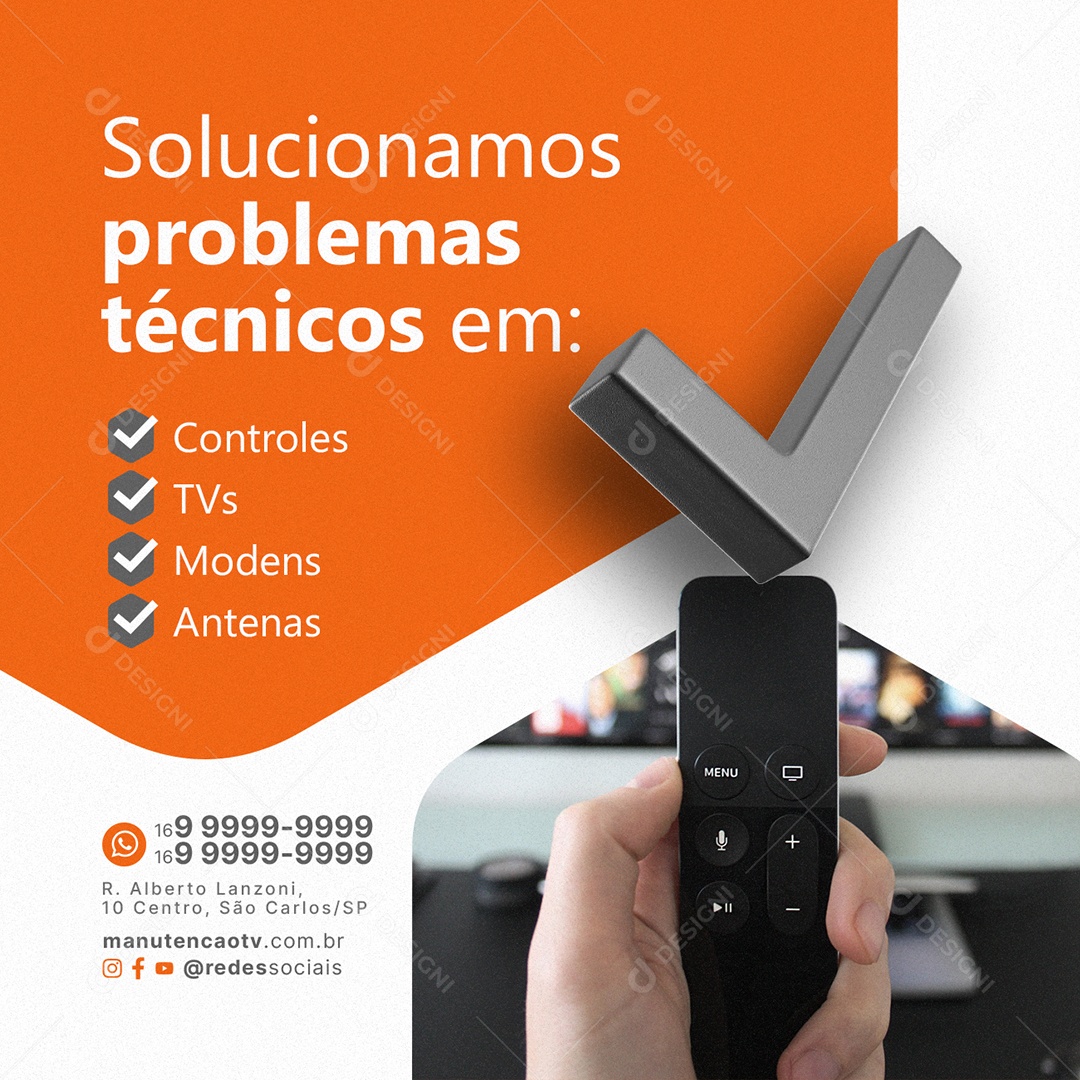 Manutenção De TV Solucionamos problemas técnicos em controles Modens Social Media PSD Editável