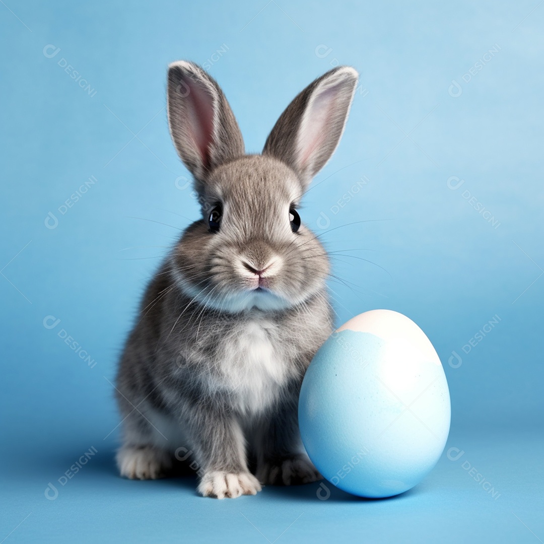 Coelho páscoa com ovo branco sobre fundo azul