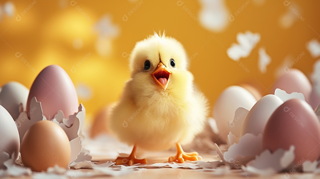 Um lindo pintinho amarelinho com vários ovos
