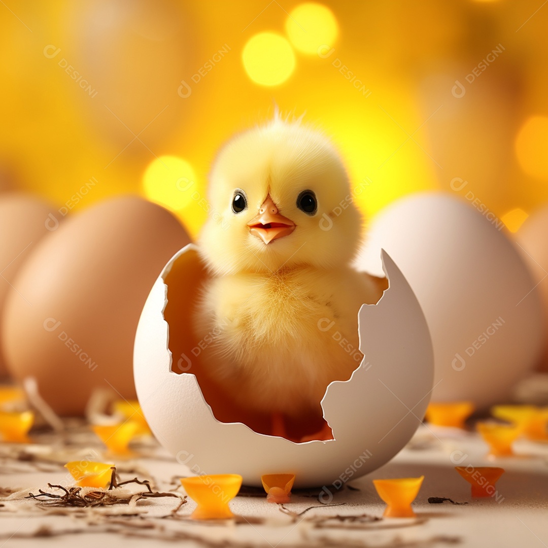 Um lindo pintinho amarelinho saindo do ovo