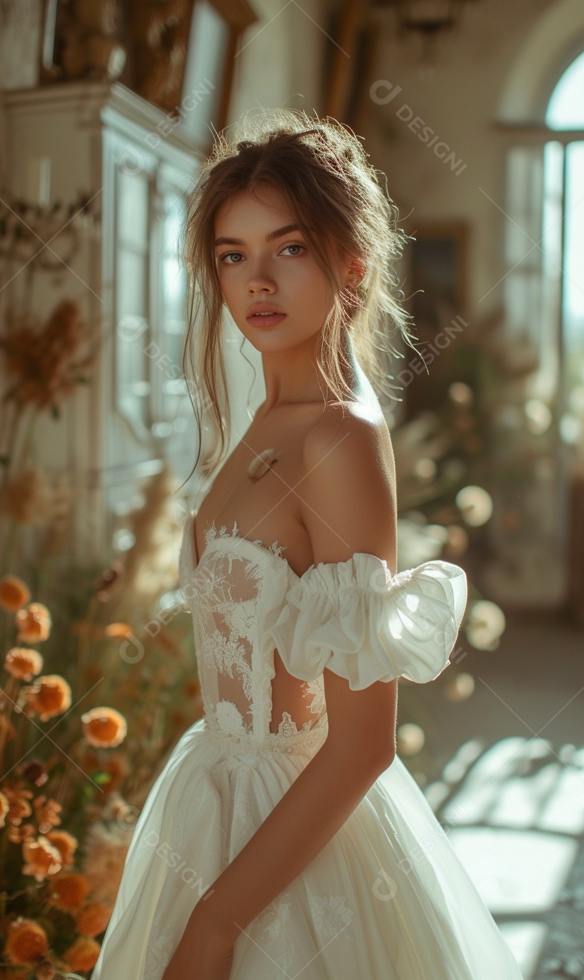 Jovem noiva feliz e adorável olhando e sorrindo