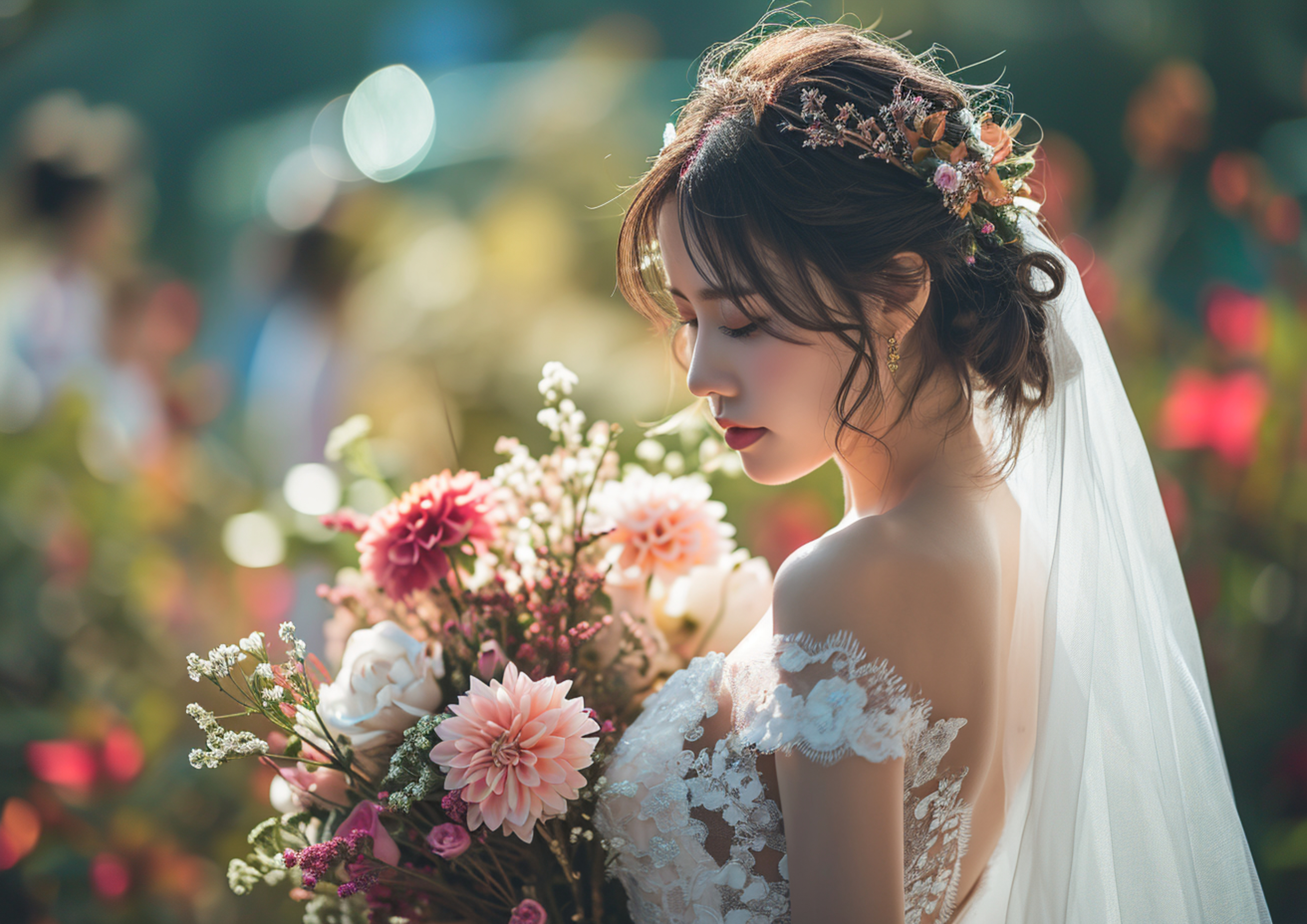 Linda garota noiva segurando buquê de flores em casamento