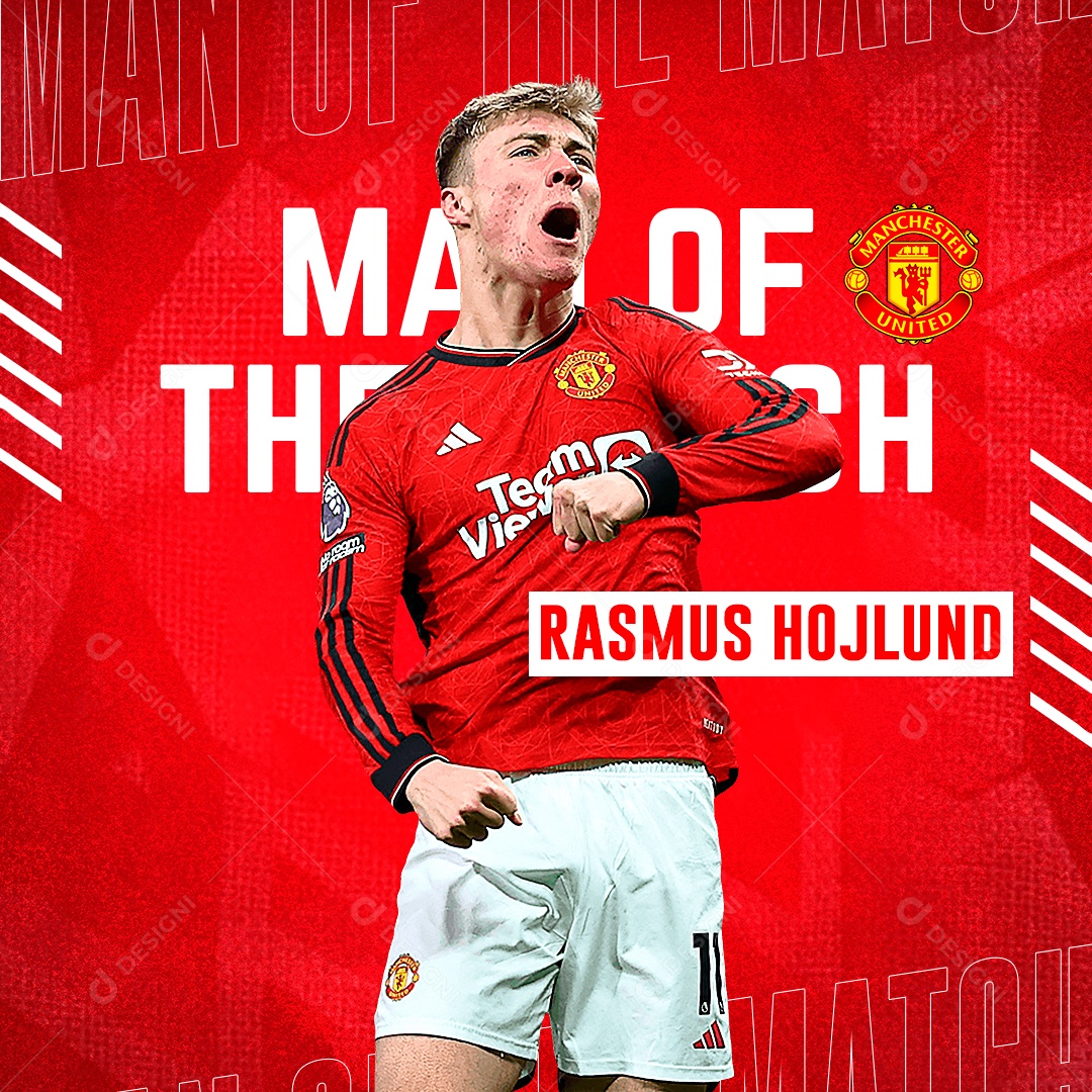 Flyer Futebol Jogador Rasmus Hojlund Manchester United Social Media PSD Editável