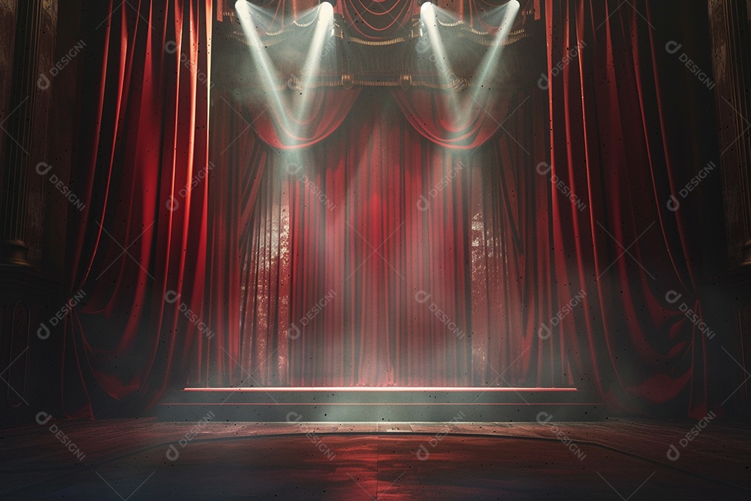 Palco de teatro com cortinas vermelhas e holofotes