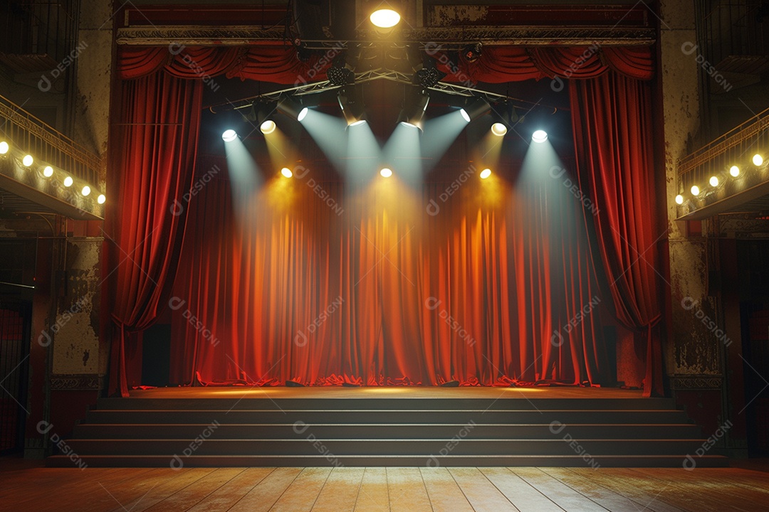 Palco de teatro com cortinas vermelhas e holofotes