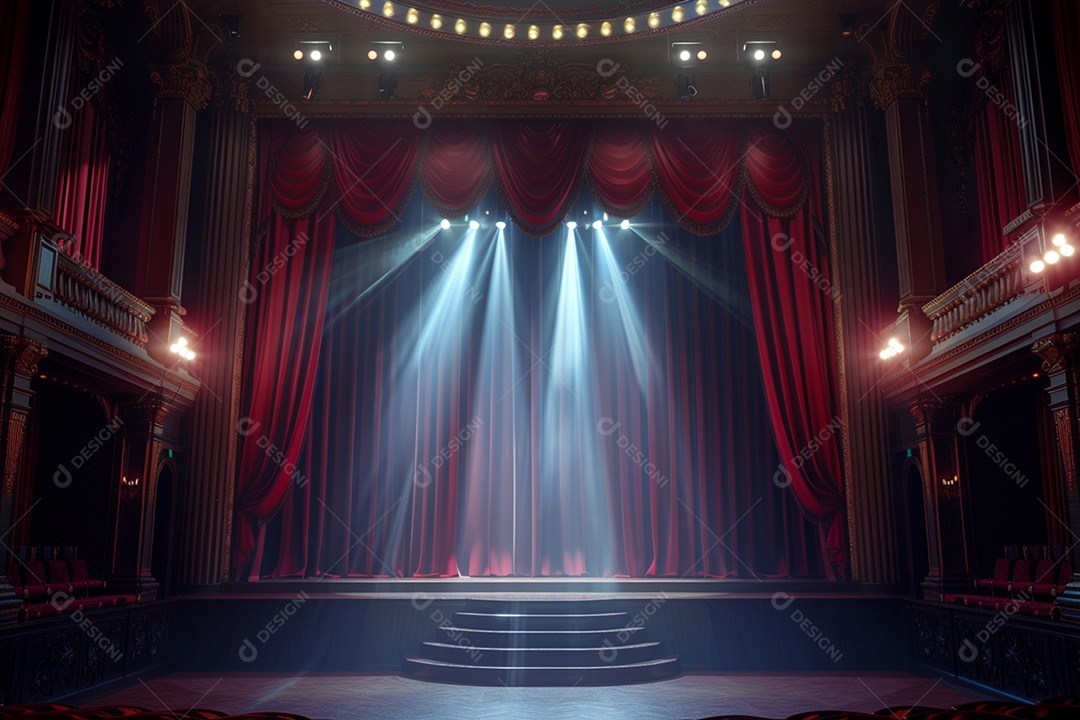 Palco de teatro com cortinas vermelhas e holofotes