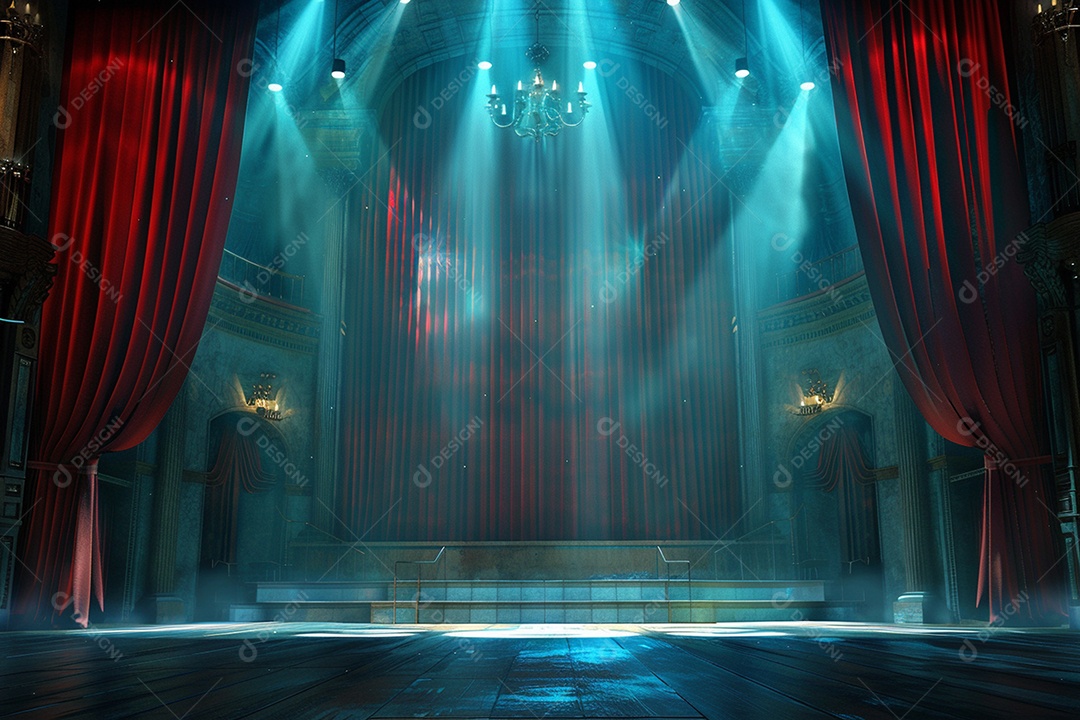 Palco de teatro com cortinas vermelhas e holofotes