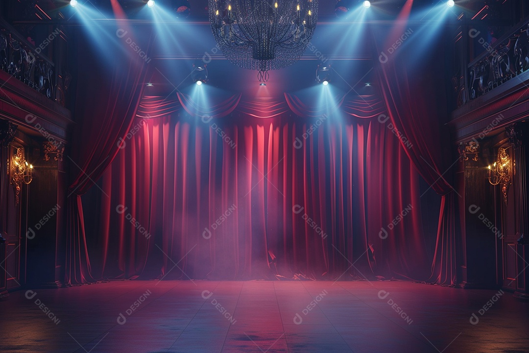 Palco de teatro com cortinas vermelhas e holofotes
