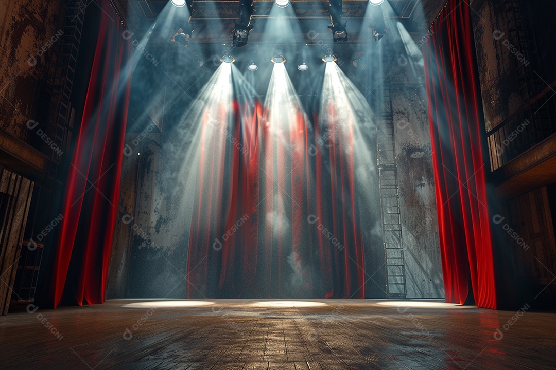 Palco de teatro com cortinas vermelhas e holofotes