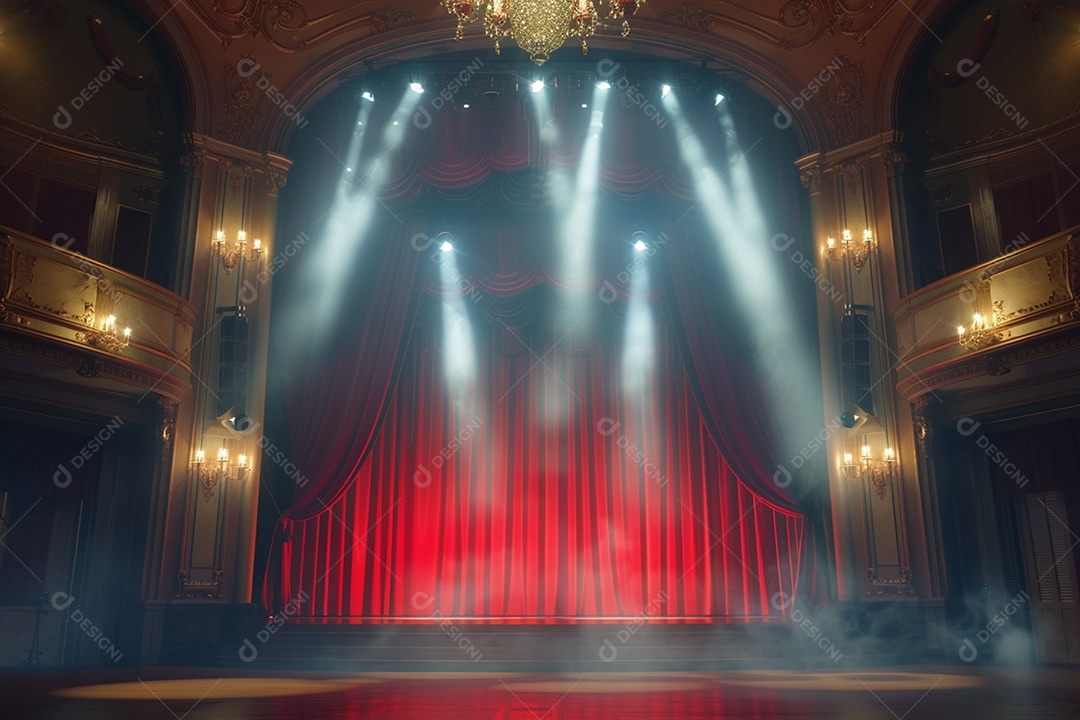 Palco de teatro com cortinas vermelhas e holofotes