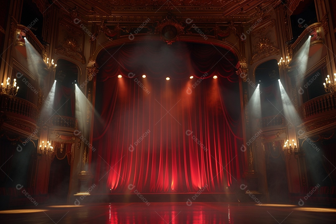 Palco de teatro com cortinas vermelhas e holofotes