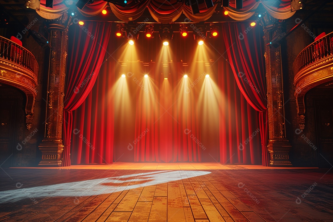 Palco de teatro com cortinas vermelhas e holofotes