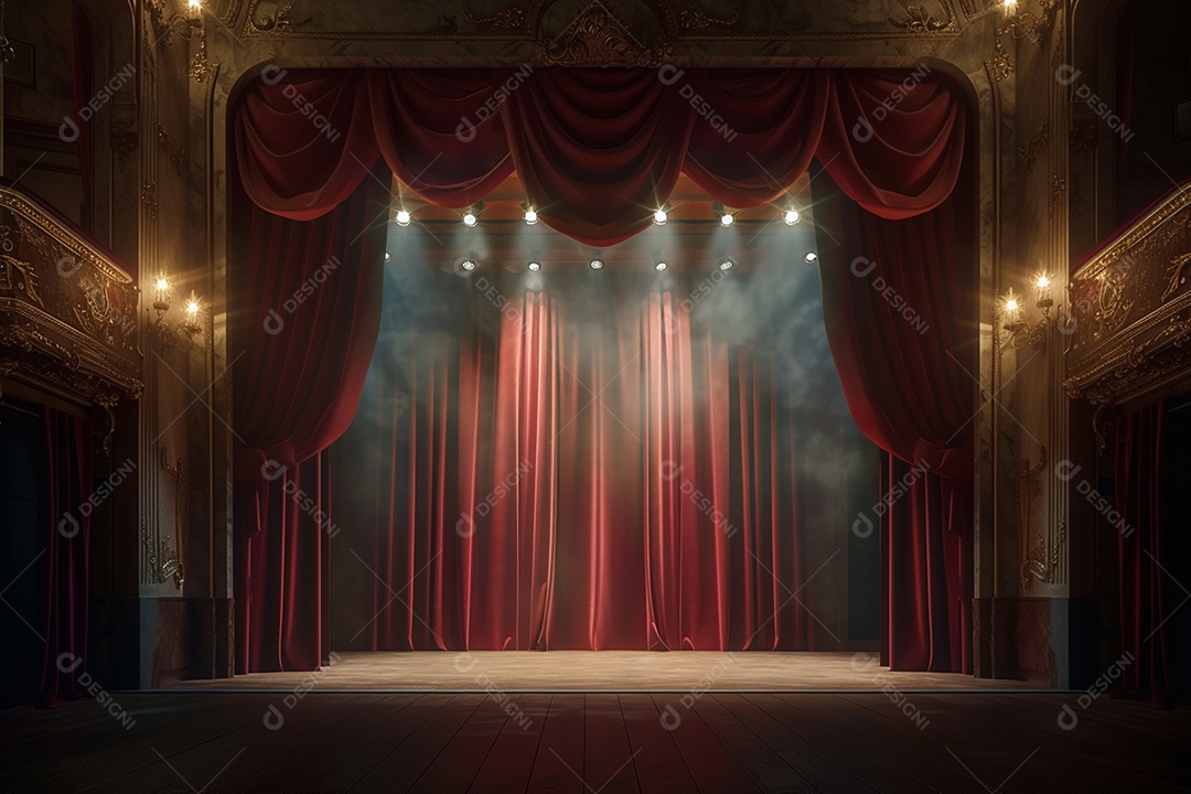 Palco de teatro com cortinas vermelhas e holofotes