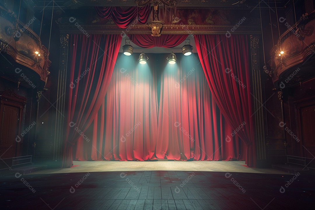 Palco de teatro com cortinas vermelhas e holofotes