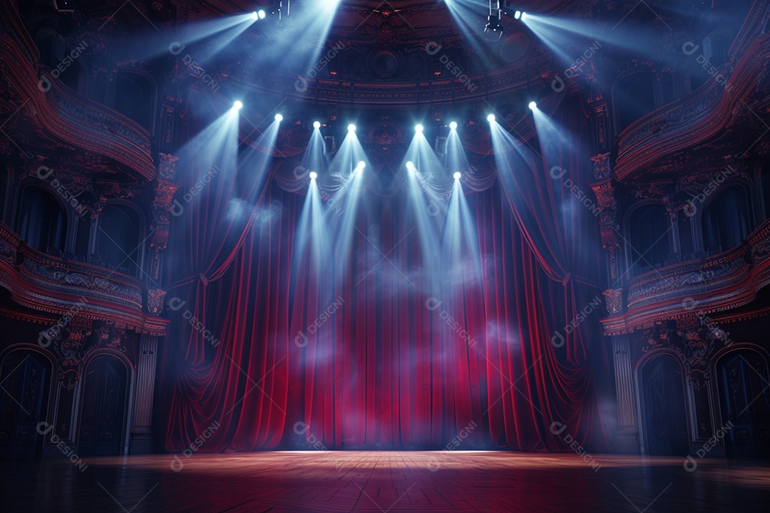 Palco de teatro com cortinas vermelhas e holofotes