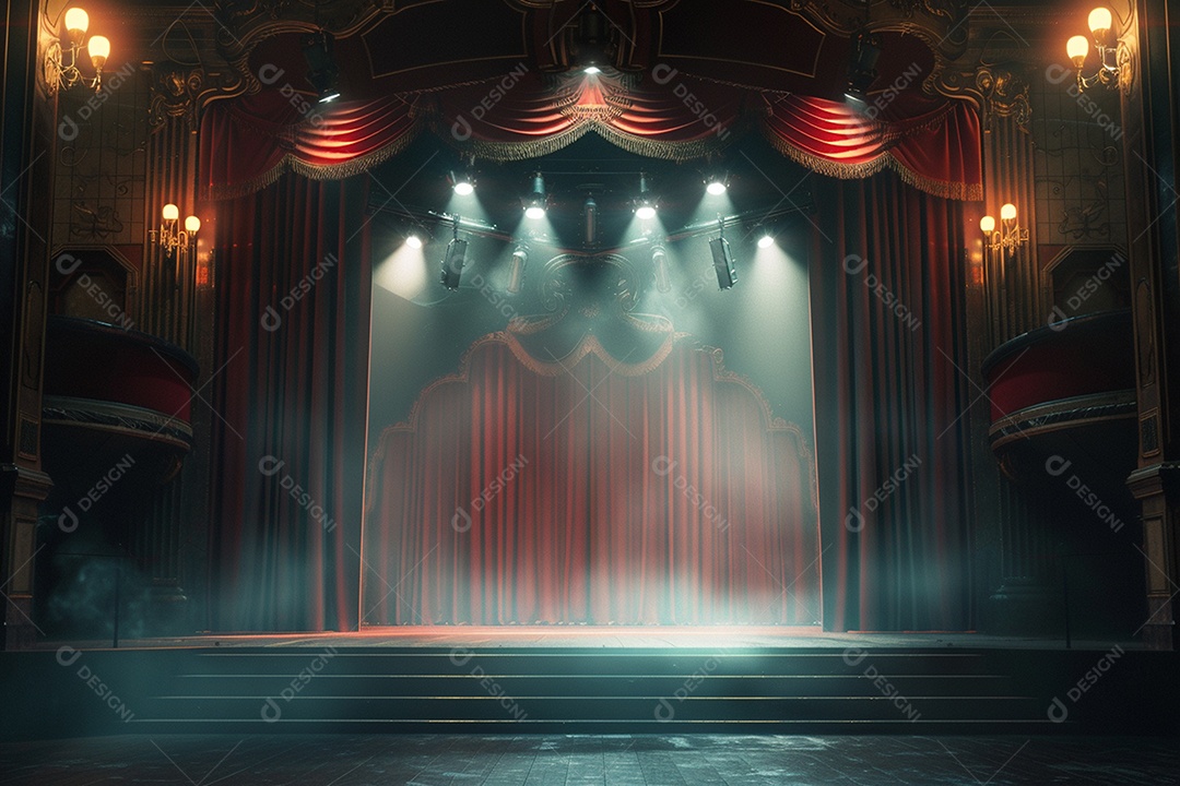 Palco de teatro com cortinas vermelhas e holofotes