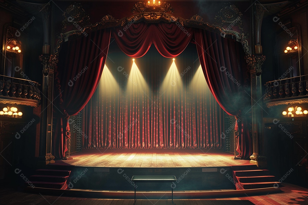 Palco de teatro com cortinas vermelhas e holofotes
