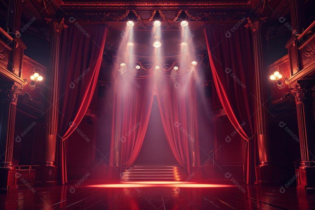 Palco de teatro com cortinas vermelhas e holofotes