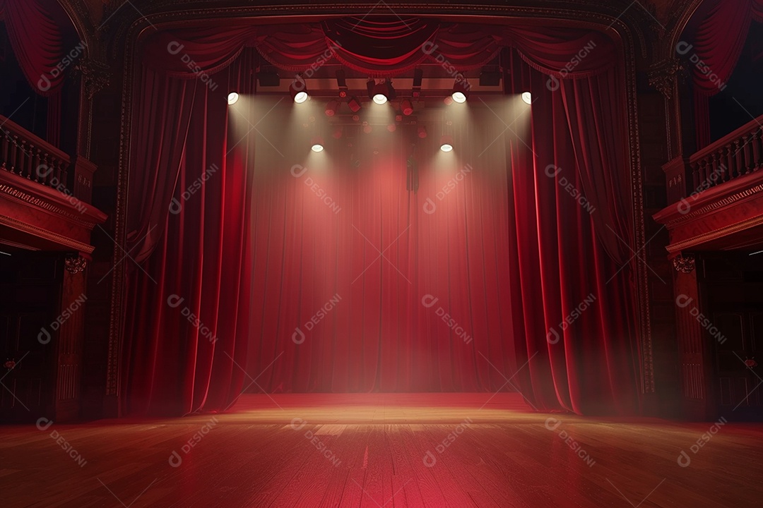 Palco de teatro com cortinas vermelhas e holofotes