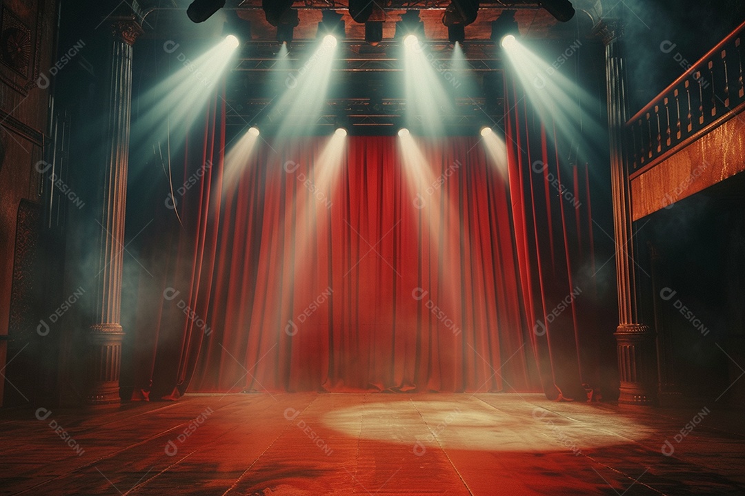 Palco de teatro com cortinas vermelhas e holofotes