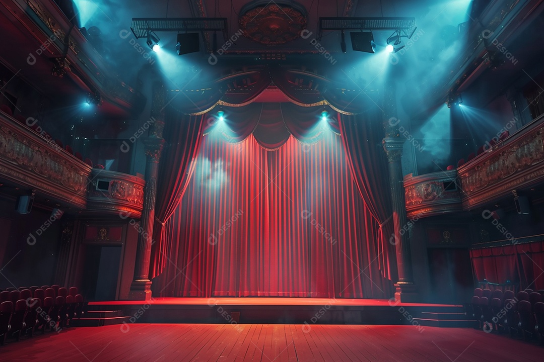 Palco de teatro com cortinas vermelhas e holofotes