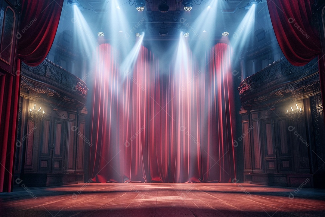 Palco de teatro com cortinas vermelhas e holofotes