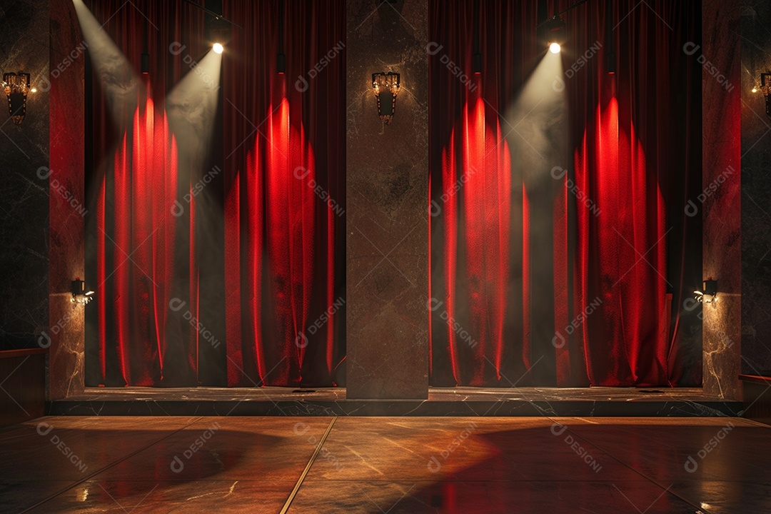 Palco de teatro com cortinas vermelhas e holofotes