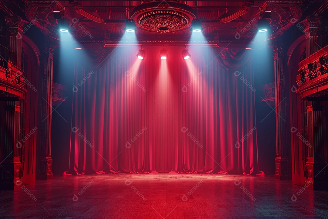 Palco de teatro com cortinas vermelhas e holofotes