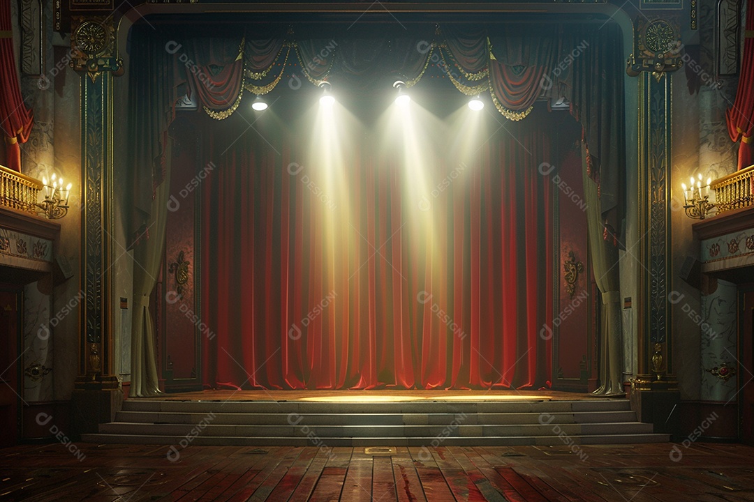 Palco de teatro com cortinas vermelhas e holofotes