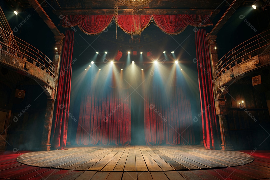 Palco de teatro com cortinas vermelhas e holofotes