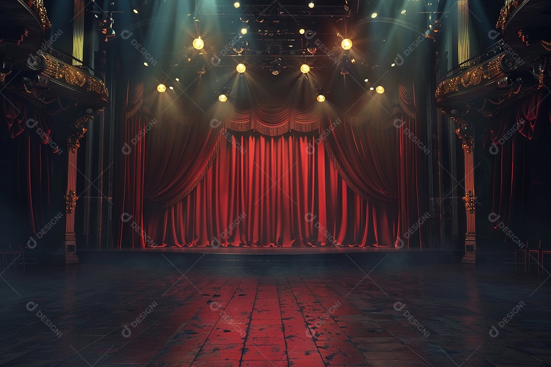 Palco de teatro com cortinas vermelhas e holofotes