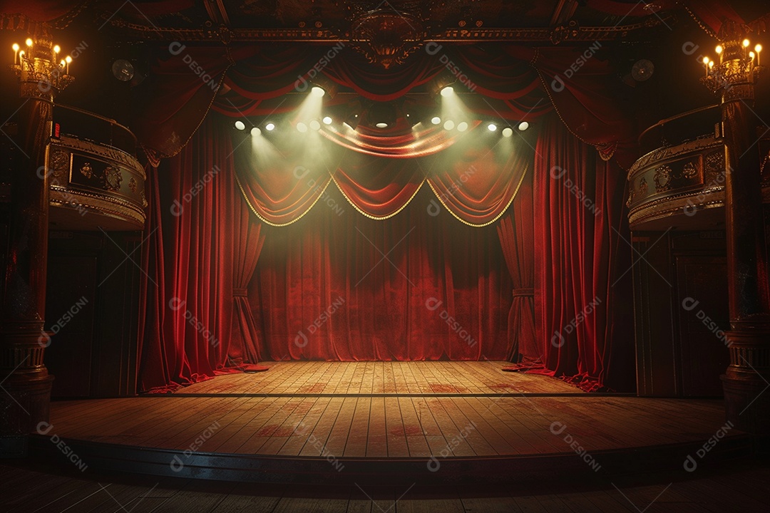 Palco de teatro com cortinas vermelhas e holofotes
