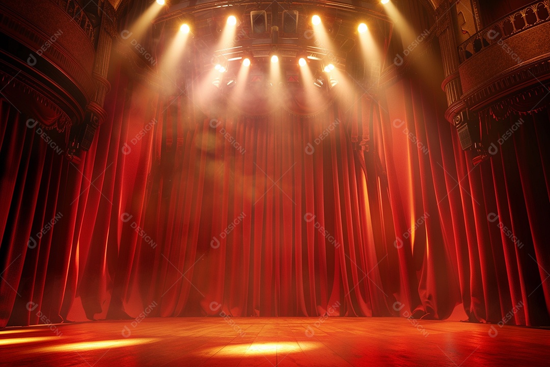 Palco de teatro com cortinas vermelhas e holofotes