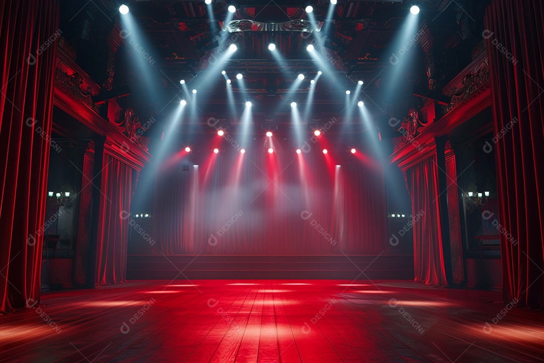 Palco de teatro com cortinas vermelhas e holofotes