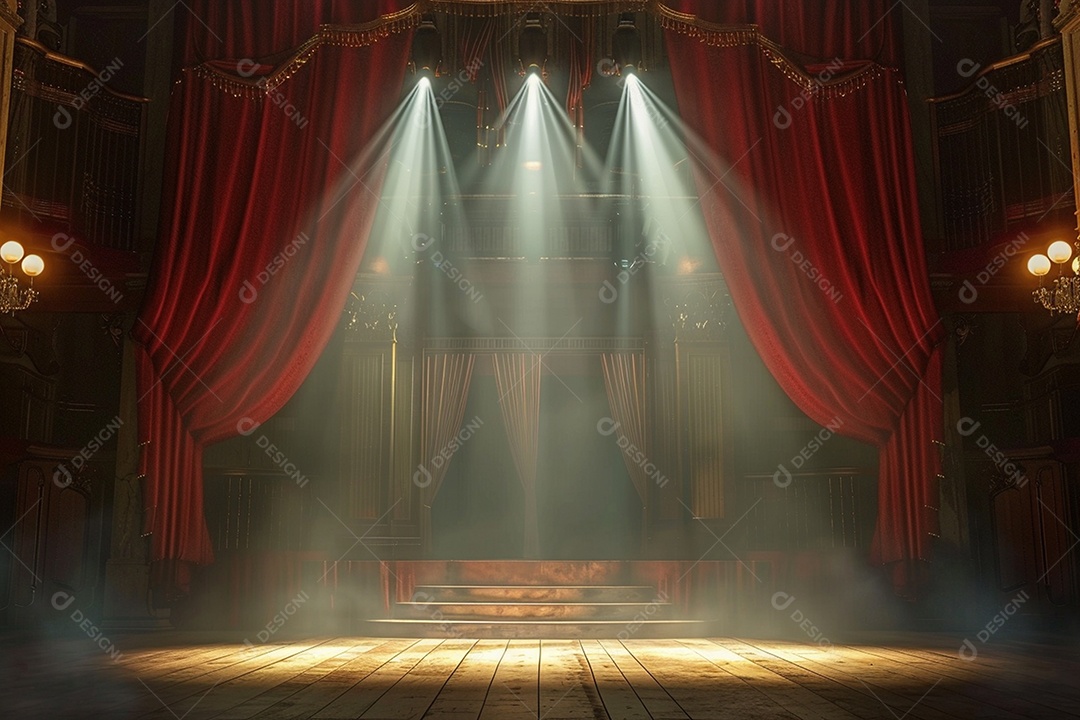 Palco de teatro com cortinas vermelhas e holofotes