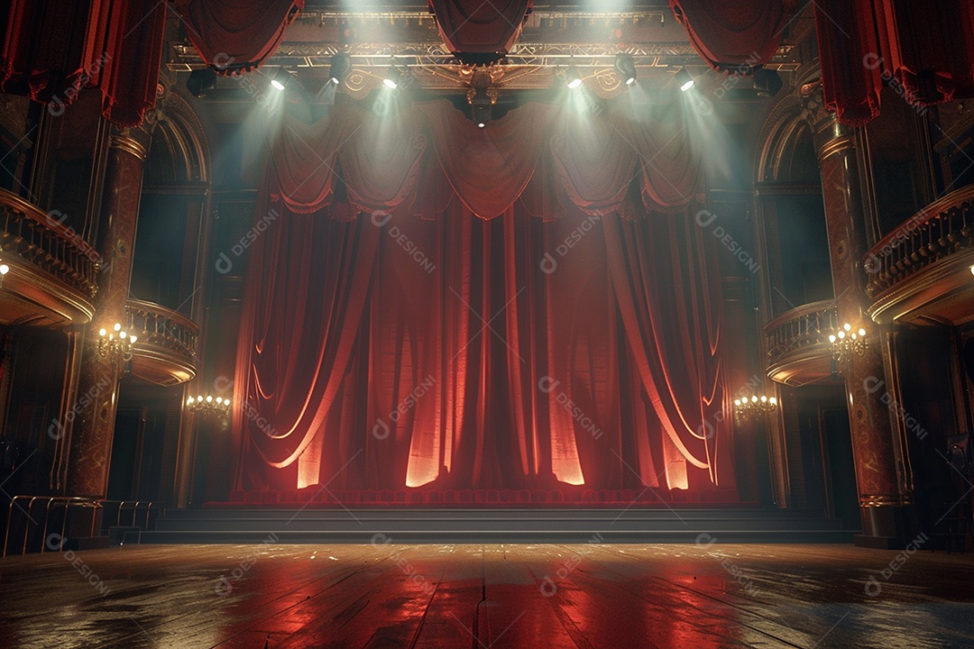 Palco de teatro com cortinas vermelhas e holofotes