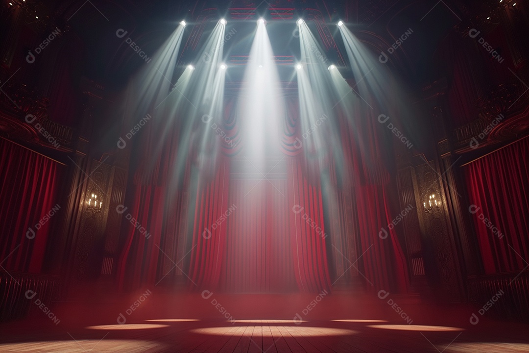 Palco de teatro com cortinas vermelhas e holofotes