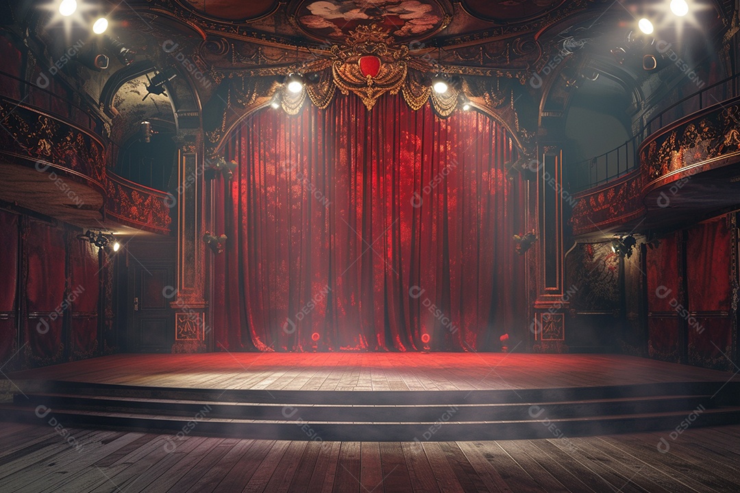 Palco de teatro com cortinas vermelhas e holofotes