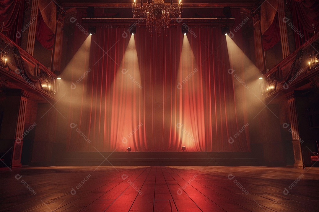 Palco de teatro com cortinas vermelhas e holofotes