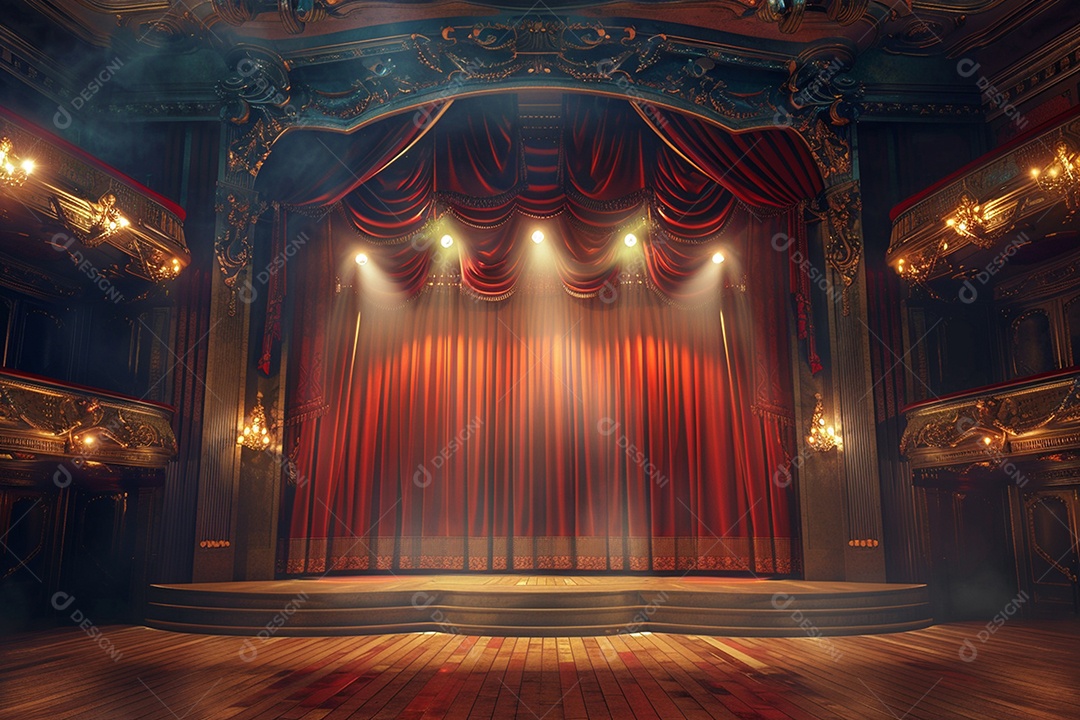 Palco de teatro com cortinas vermelhas e holofotes