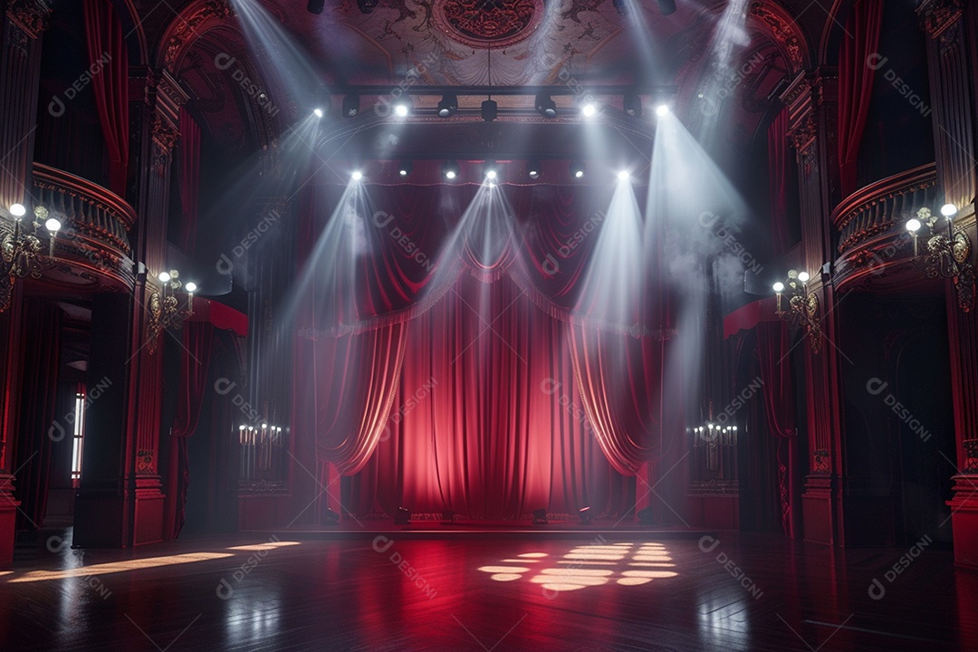 Palco de teatro com cortinas vermelhas e holofotes