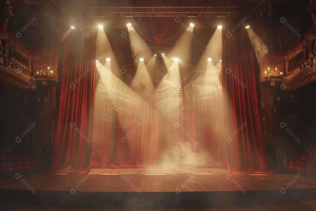 Palco de teatro com cortinas vermelhas e holofotes