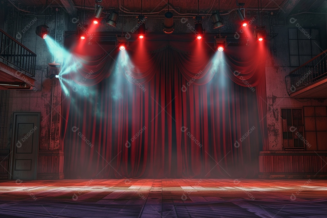 Palco de teatro com cortinas vermelhas e holofotes