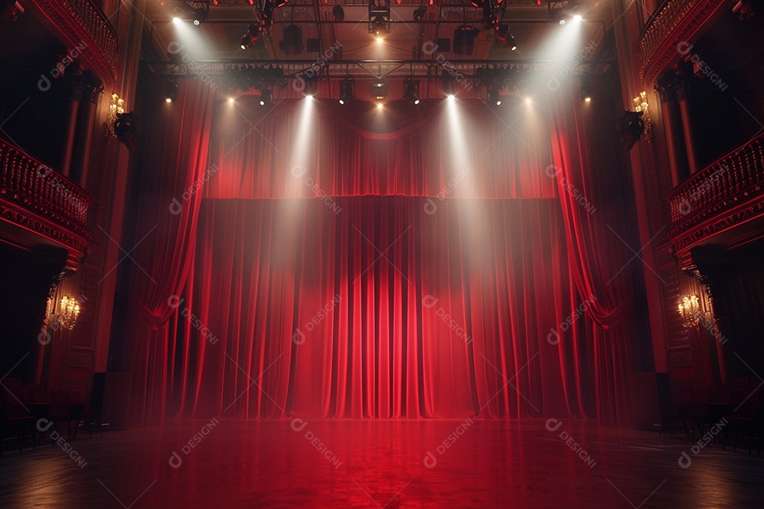 Palco de teatro com cortinas vermelhas e holofotes