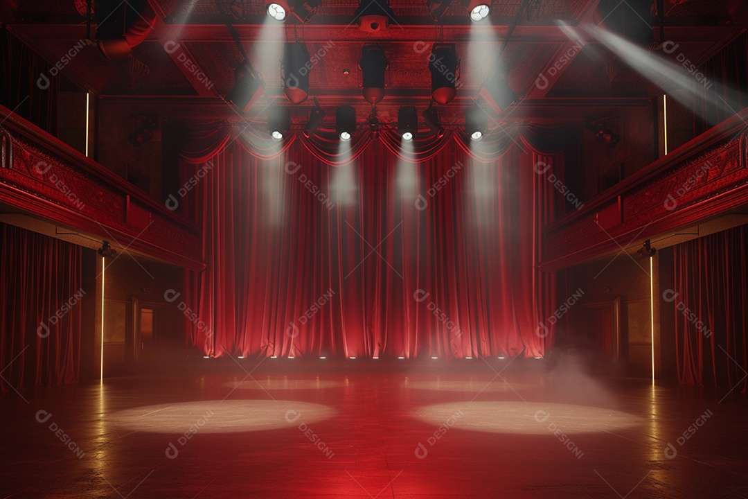 Palco de teatro com cortinas vermelhas e holofotes